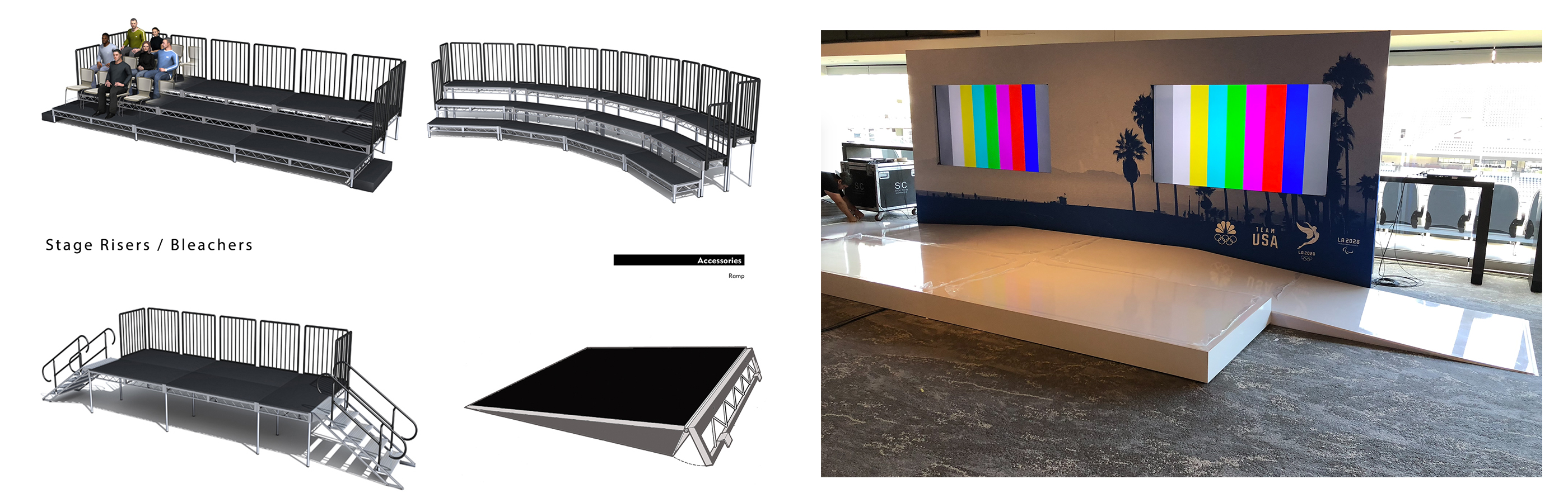Bleacher and Riser Rental — Tiered riser seating facing stage — spectator layout for live event viewing