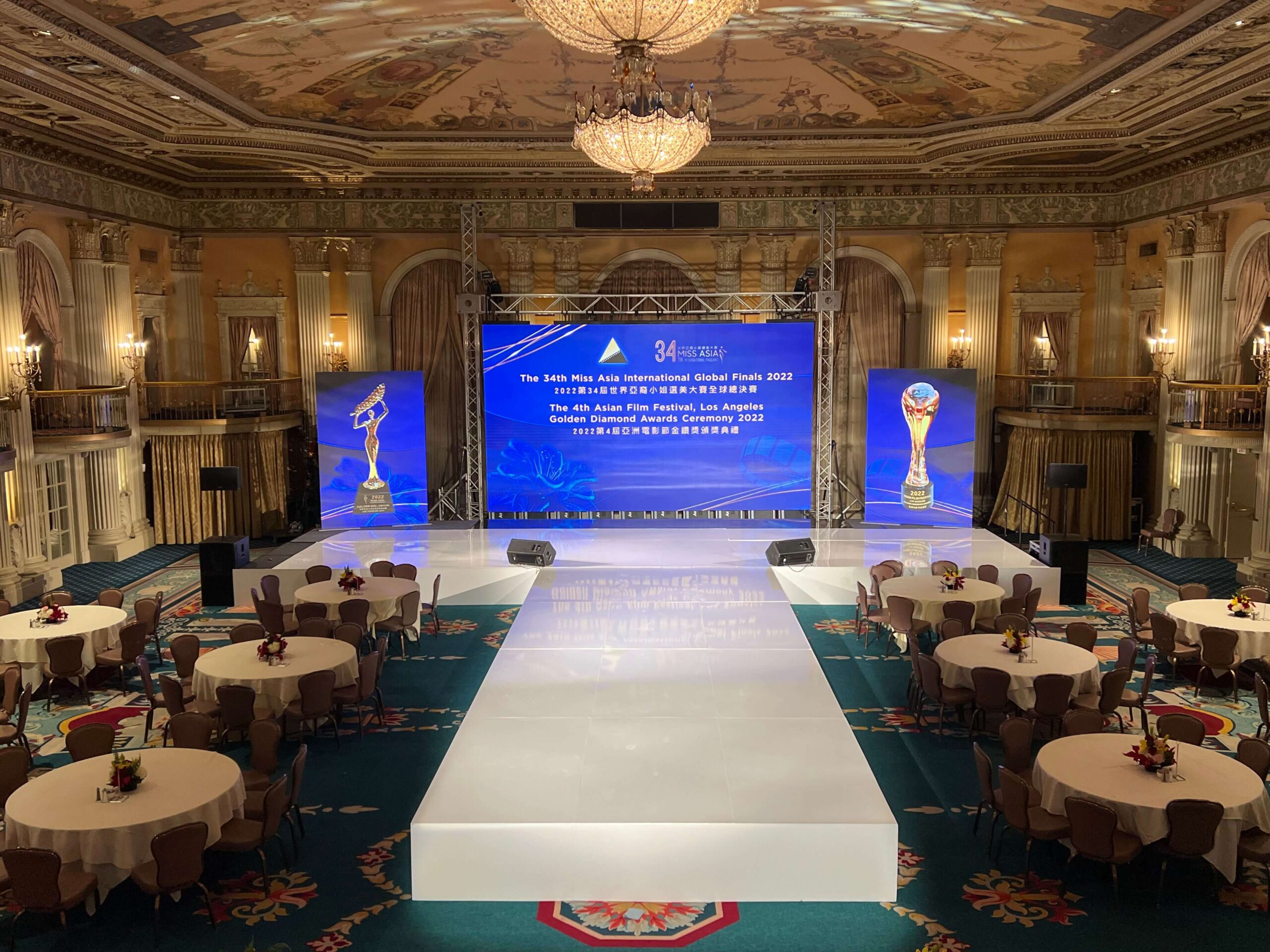 Fashion show runway stage rental setup in Los Angeles ballroom by RCC Events